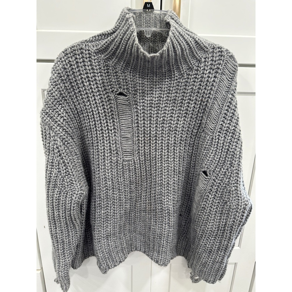 PPLA Fonda‎ Knit Sweater Gray Distressed Mock Neck Wool Blend Ribbed Pullover M